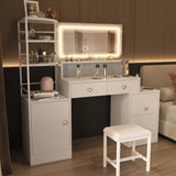 Eunon Large Makeup Vanity Desk with Extral Large Mirror & LED Light,Vanity Dressing Table with Power Strip,Adjustable Lighting,Storage Shelves & 5 Drawers,Cushioned Stool for Bedroom, Dressing Room