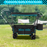 Collapsible Camping Wagon Garden Cart with Removable Canopy, Keenstone Foldable Outdoor Wagon Utility Carts with Fat Wheels and Rear Storage, for Grocery Shopping Cart,Black-09797164500569