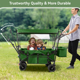 Collapsible Garden Wagon Cart with Removable Canopy, VECUKTY Foldable Wagon Utility Carts with Wheels and Rear Storage, Wagon Cart for Garden Camping Grocery Shopping Cart, Green