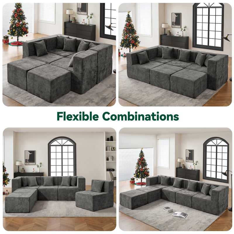 130" Oversied Modular Sectional Sofa Set, Convertible U Shaped Cloud Couch with Ottoman and 6 Pillows, Gray
