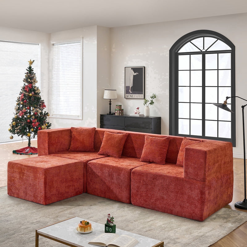 BEHOST 102.5" L-Shaped Modular Sectional Sofa, 4-Piece Chenille Cloud Couch with Extra Deep Seatst, Pet-Friendly Boneless Sofa for Living Room & Apartment, Chenille Rust
