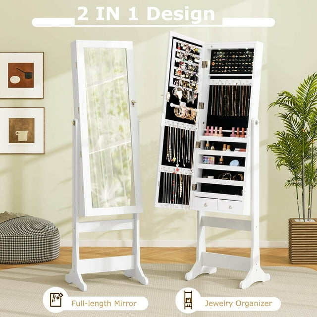 BEHOST 2-in-1 Modern Jewelry Cabinet with LED Lights & Full-Length Mirror, Jewelry Armoire with Lockable Storage Organizer