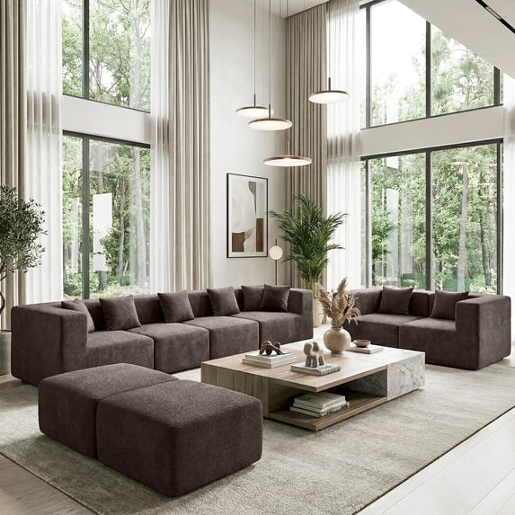 BEHOST 202.5" Living Room Sectional Couch Set, 8 Flexible Modules, 10" Wide Armrest, Coffee Brown
