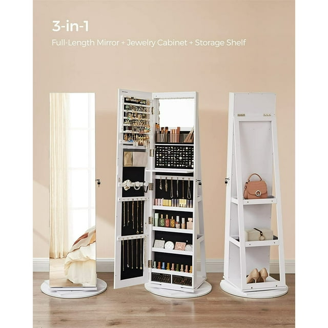 BEHOST 3-in-1 White Rotating Jewelry Cabinet with Full Length, Jewelry Armoire Standing Makeup Organizer