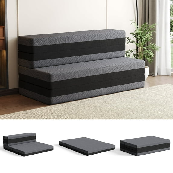 BEHOST 5-in-1 Quad-fold Convertible Sleeper Sofa Bed Single, 4" Foldable Floor Mattress Longer Chaise Ottoman Futon Sofa Couch for Apartment Dorm Guest Room Camping RV, Dark Gray