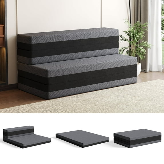 BEHOST 5-in-1 Quad-fold Convertible Sleeper Sofa Bed Twin, 6" Foldable Floor Mattress Longer Chaise Ottoman Futon Sofa Couch for Apartment Dorm Guest Room Camping RV, Dark Gray