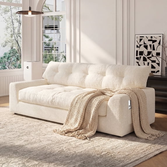 BEHOST 55" Chenille 2-Seater Sofa with Extra Deep Seats，Loveseat Couch with Side Storage & 2 Pillows，Cloud Sofa for Living Room & Small Spaces，White
