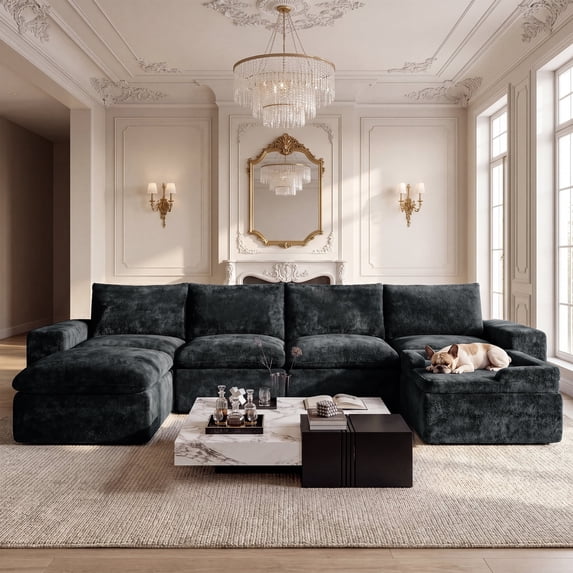 BEHOST 6-Piece 130" U-Shaped Modular Sectional Sofa, Velvet Cloud Sleeper Couch with Dog Bed & 2 Movable Ottomans, Oversized Deep Seat Living Room Furniture Set,Dark Gray