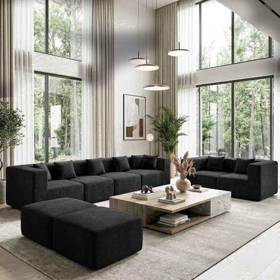 BEHOST 130" 8-Piece Modular Sectional Sofa with Ottomans, U-Shaped Pit Couch for Living Room, Modern Chenille Fabric Cloud Couch Set, Large Sleeper Sofa with Deep Seats, Classic Black