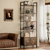 BEHOST 6-Tier Storage Rack Bookshelf with 2 Fabric Drawers, Tall Metal Frame bookcase for living room and Office, Rustic Brown