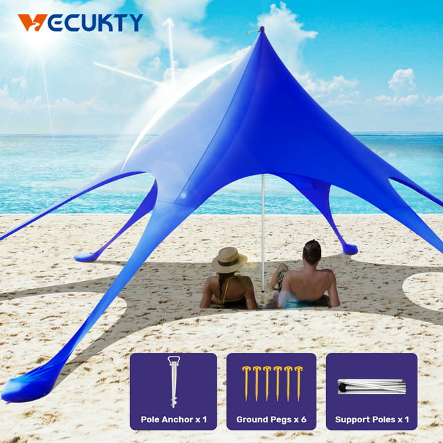 Beach Canopy Tent Sun Shade with UPF 50+ UV Protection, 10x10 FT Beach Tent Sun Shelter with Sandbags, 6 Stability Poles and Ground Pegs and Anti-Wind Ropes,Blue
