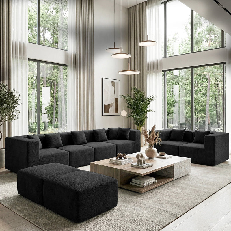 BEHOST 202.5" Oversized Modular Sectional Sofas for Living Room, 6 Seaters Couch with 2 Ottomans and 8 Pillows, Black