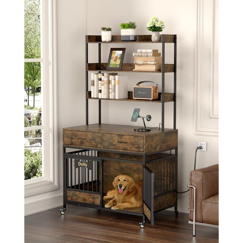 BEHOST Dog Crate with 3-Tier Storage Shelves, Dog Crates and Kennels with Wheels 2 Drawer Cabinet Power Outlet LED Light, Brown
