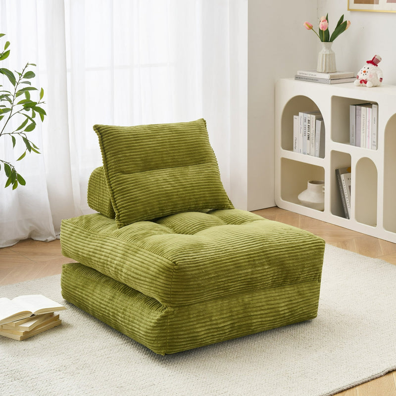 BEHOST 70" Corduroy Folding Futon Sofa with Pillow, 3-in-1 Convertible Couch Bed for Bedroom, Matcha Green