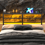 Behost Full Size Headboard with LED Lights and Power Outlet, Sturdy and Stable Metal Storage Shelves Headboard, Black