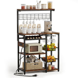 Keenstone Bakers Rack with 3 Power Outlets, 5 Tiers Microwave Stand coffee bar Kitchen Storage Rack with 2 Wire Basket, Wine Rack,Rustic Brown