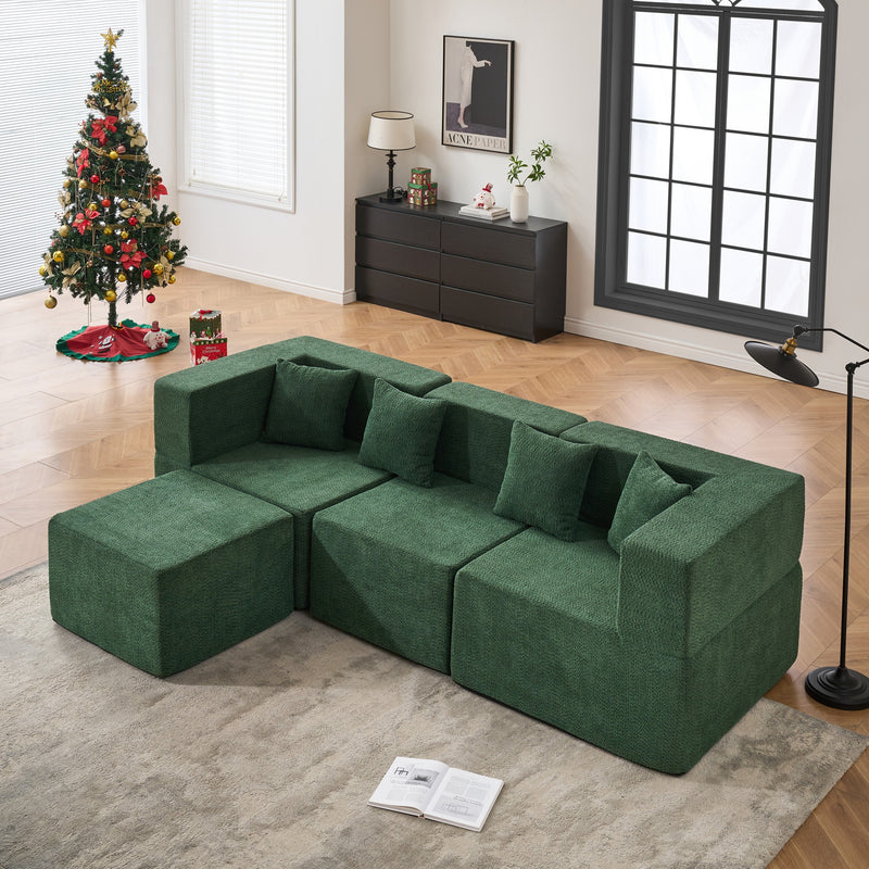 102.5" L-Shaped Cloud Couch Modular Sectional Sofa for Living Room, Dark Green Boucle Fabric Sofa Couch with Ottoman and 4 Pillows, No Assembly