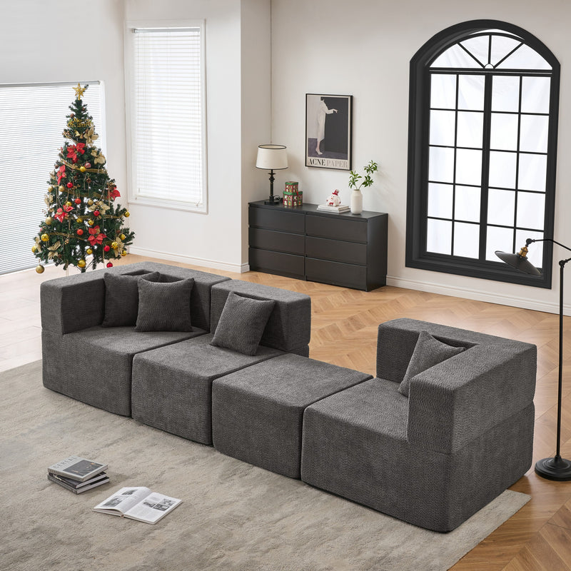 BEHOST Dark Gray 102.5" L-Shaped Cloud Couch Modular Sectional Sofa for Living Room, Black Teddy Fabric Sofa Couch with Ottoman and 4 Pillows, No Assembly