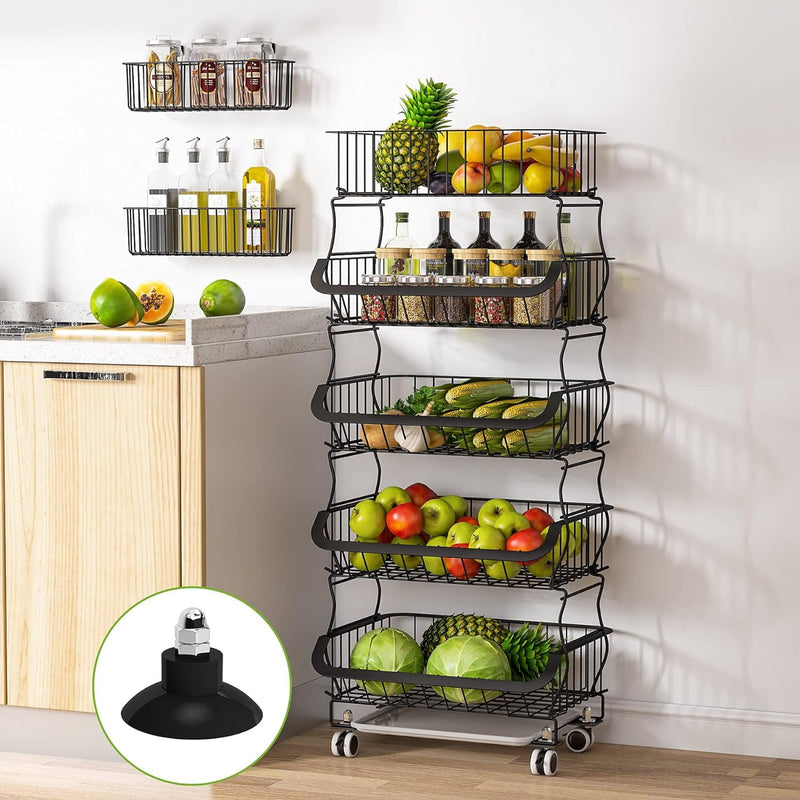 Fruit Vegetable Storage Basket,5 Tier Stackable Metal Wire Storage Baskets with Wheels,Fruit Vegetable Produce Basket Organizer Bins for Kitchen,Pantry-Black