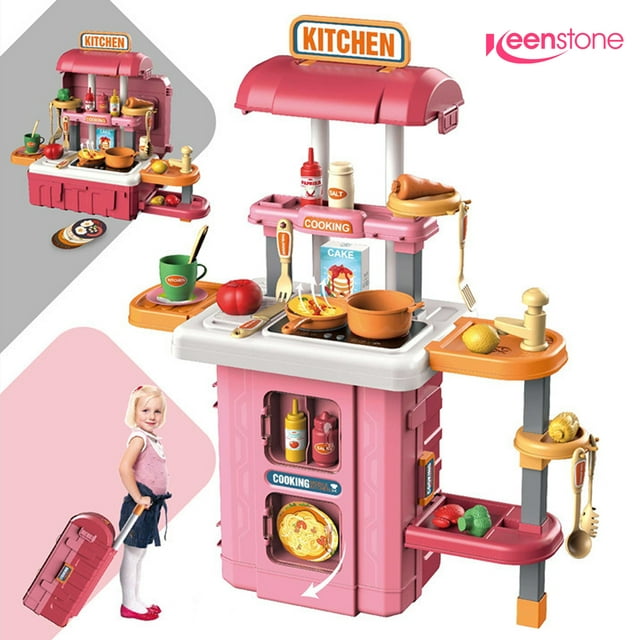 Keenstone Play Kitchen Set for Kids, 28" High Kids Play Kitchen with Realistic Lights and Sounds, Simulation of Spray, 43Pcs Toy Kitchen Set for Toddlers Girls Boys Gift - Pink