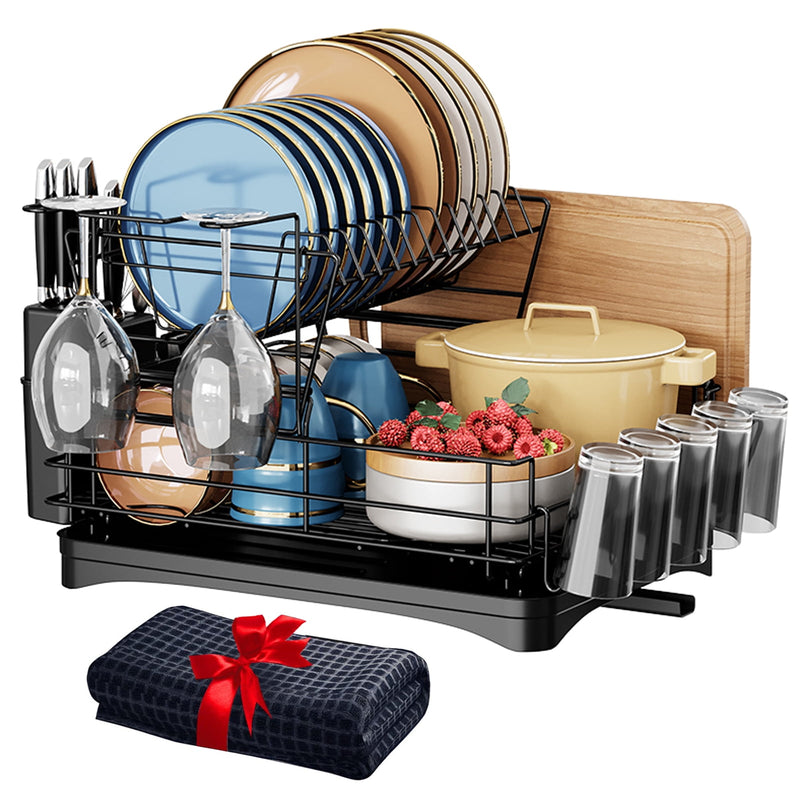 MONVANE Dish Drying Rack, 2 Tier Large Stainless Steel Dish Racks Organizer with Drying Mat, Dish Strainers, Kitchen Sink Accessories, Dish Drainer for Kitchen Counter, Apartment Essentials Must Haves