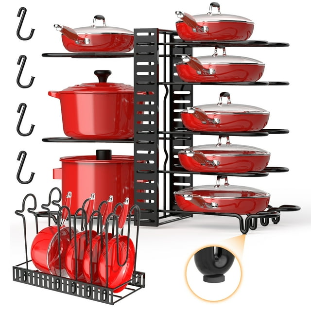 MONVANE 8 Tiers Pots and Pans Organizer Rack, Adjustable Pot Rack Lids Organizer for Cabinet Kitchen Organization Storage, Kitchen Cabinet Storage Metal Holders, Apartment Essentials Must Haves, Black