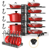 MONVANE 8 Tiers Pots and Pans Organizer Rack, Adjustable Pot Rack Lids Organizer for Cabinet Kitchen Organization Storage, Kitchen Cabinet Storage Metal Holders, Apartment Essentials Must Haves, Black