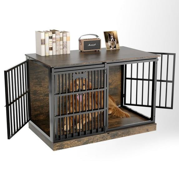 Behost 47" Dog Crate Furniture for Large Dogs, Indoor Dog Cage Kennel with Customizable Nameplate, 3-Sided Access, Rustic Brown