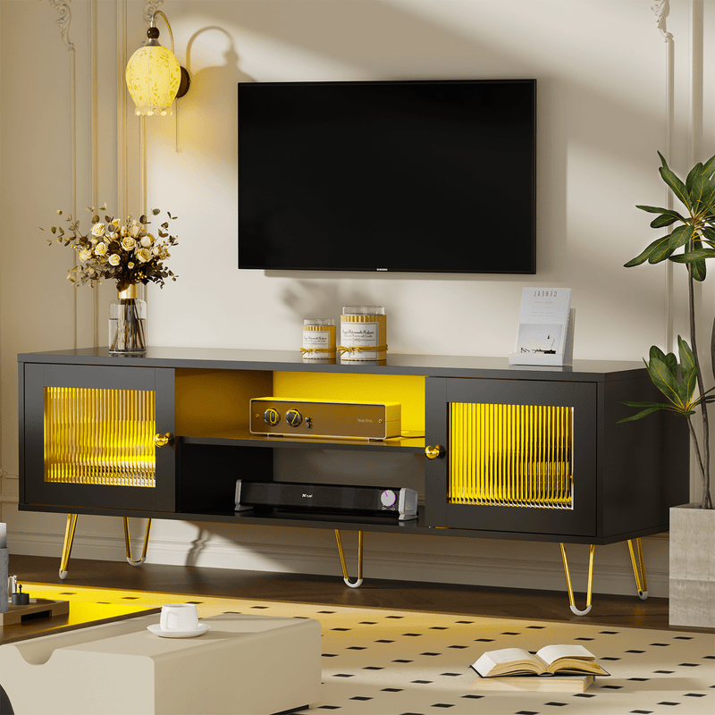 Behost Modern TV Stand for 65 Inch TV with LED Light & Power Outlets, Entertainment Center TV Cabinets for Living Room, Black