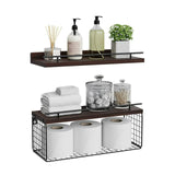 Set of 2 Wall Shelf, 15.7"L Floating Shelves with Wire Basket for Wall Decor, Boho Rustic Wood Wall Shelves Clearance Toilet Storage Shelf for Bathroom, Bedroom, Home, Farmhouse and Plant - Brown