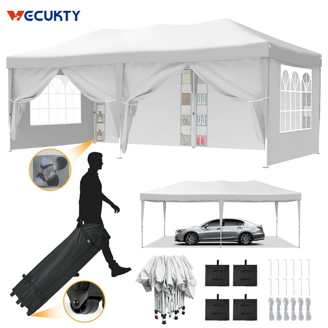 VECUKTY 10 x 20ft Pop up Canopy Tent with 6 Sidewalls, Wheeled Bag, Shelter for Outdoor Shade,White