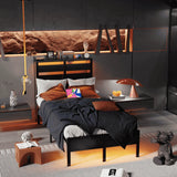 Behost Metal Platform Bed Frame with Storage Headboard, LED Lights and Charging Station, Twin Size, Black