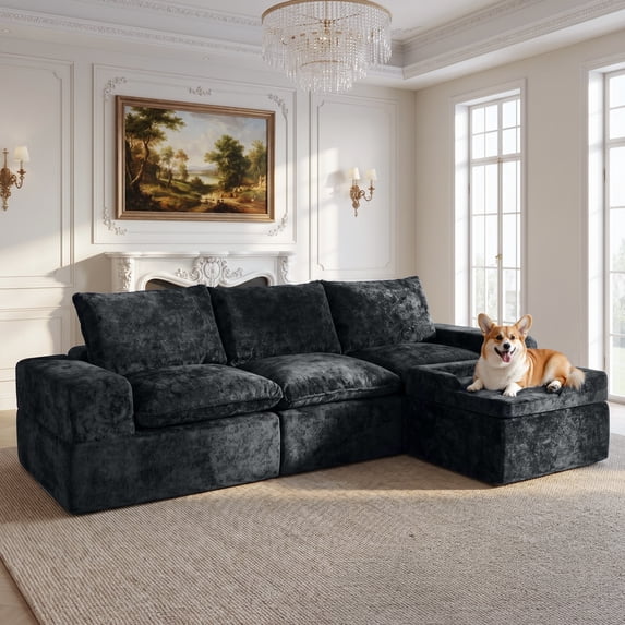 BEHOST 4-Piece 102" L-Shaped Modular Sectional Sofa, Velvet Cloud Sleeper Couch with with Dog Bed & 2 Movable Ottomans, Deep Seat Living Room Furniture Set,Dark Gray