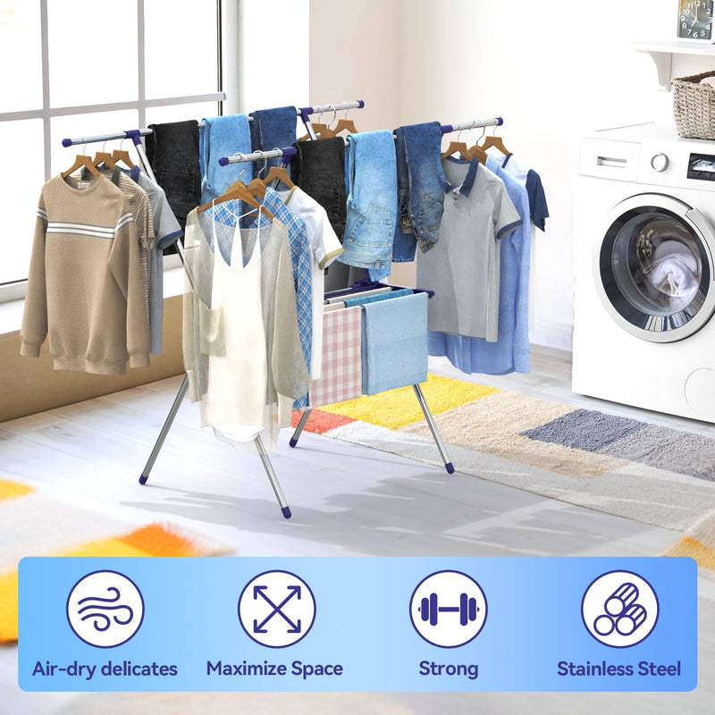 Behost Foldable Stainless Steel Clothes Drying Rack for Indoor Outdoor Laundry, 70lb Capacity, Space Saving, Tool-Free Assembly, Silver