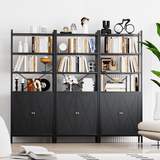 MONVANE Farmhouse Bookshelf and Bookcase with Doors, Crosshatch Design, 4 Shelves, 1 Pack, Black