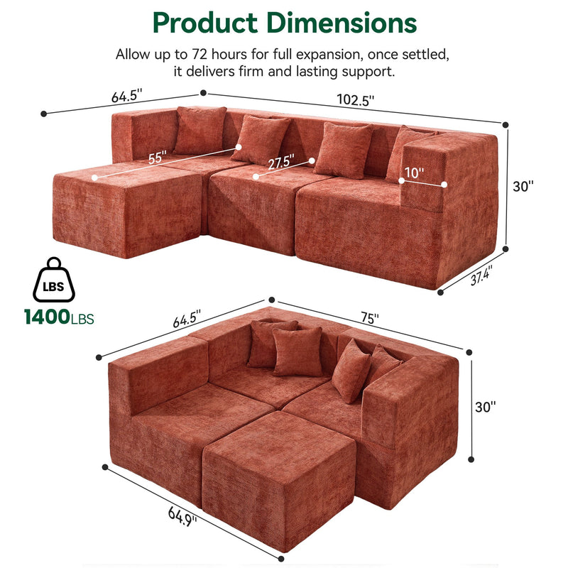 BEHOST 102.5" L-Shaped Modular Sectional Sofa, 4-Piece Chenille Cloud Couch with Extra Deep Seatst, Pet-Friendly Boneless Sofa for Living Room & Apartment, Chenille Rust