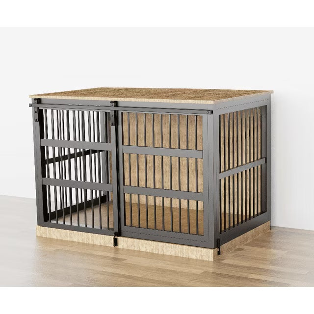 Behost 47" Dog Crate Furniture for Large Dogs, Indoor Dog Cage Kennel with Customizable Nameplate, 3-Sided Access, Rustic Brown