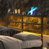 Behost Full Size Headboard with LED Lights and Power Outlet, Sturdy and Stable Metal Storage Shelves Headboard, Black