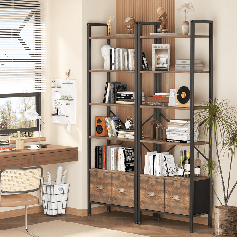 BEHOST Bookshelf with 6 Tiers, Tall Bookcase 70in with 2 Fabric Drawers, Wood Shelves for Home, Office, 1 Pack, Rustic Brown