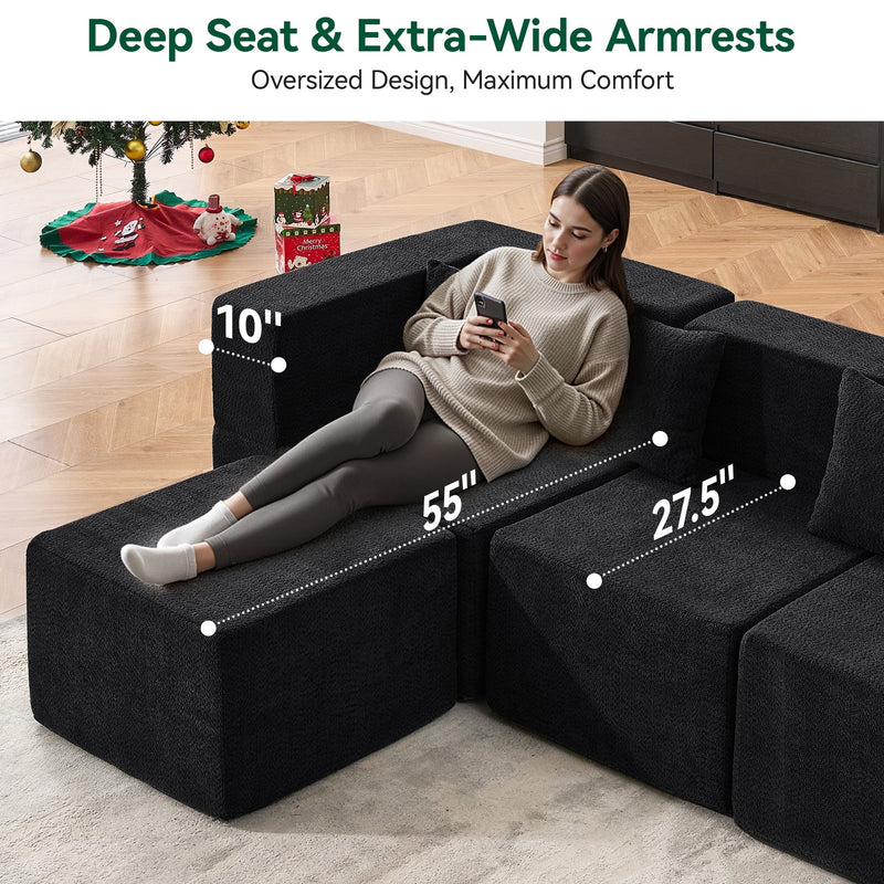 BEHOST 8-Piece Modular Sectional Sofa, 202.5" Oversized Cloud Couch with Teddy Velvet, Classic Black