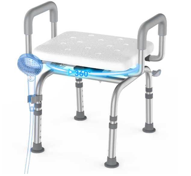 360 Degree Shower Chair Swivel, Portable Seat with Armrests, Adjustable Height Seat for Bathtub