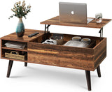 Wood Lift Top Coffee Table with Hidden Compartment and Adjustable Storage Shelf, Lift Tabletop Dining Table for Home Living Room, Office, Retro Brown