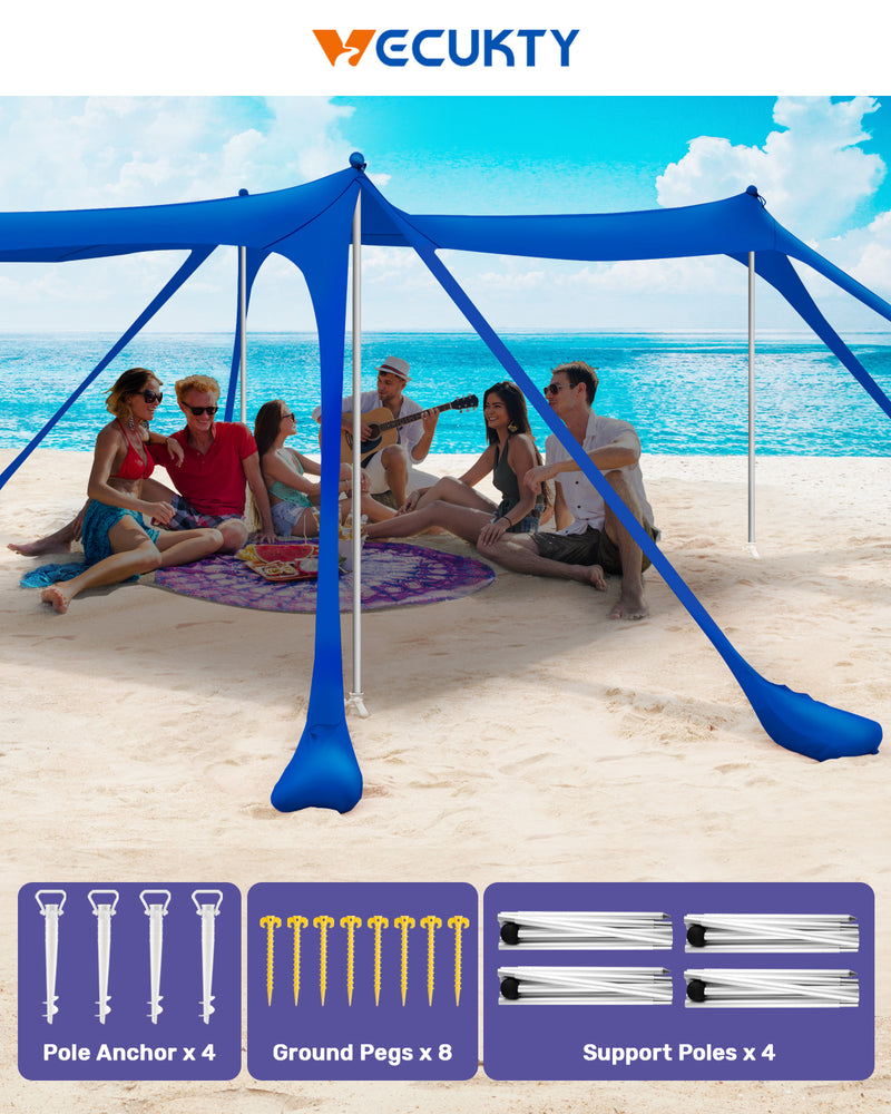 Beach Canopy Tent Sun Shade with UPF 50+ UV Protection,10x10 FT Beach Tent Sun Shelter with Sandbags,8 Stability Poles and Ground Pegs and Anti-Wind Ropes,Blue