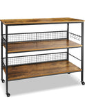 Behost Rolling Kitchen Storage Cart Island with large open shelves and Large Worktop, 3-Tier Kitchen Baker’s Rack with 10 Hooks, Stable Steel Structure and Easy Assembly, Rustic Brown