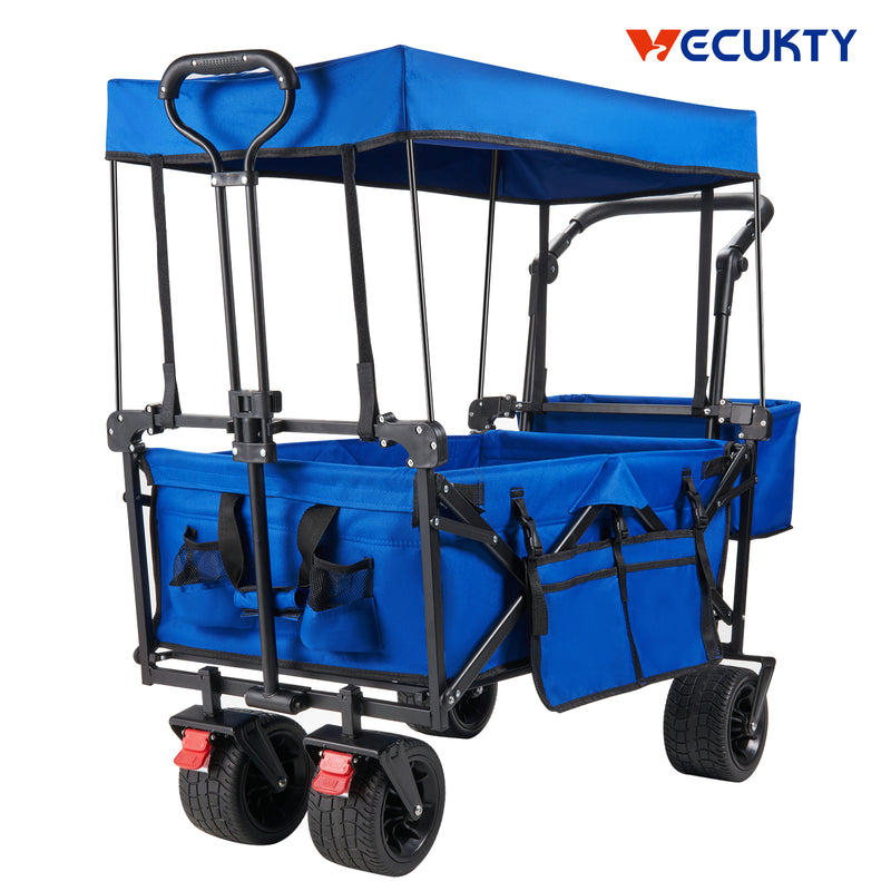 Collapsible Garden Wagon Cart with Removable Canopy, Keenstone Foldable Wagon Utility Carts with Wheels and Rear Storage, Wagon Cart for Garden Camping Grocery Shopping Cart,Blue