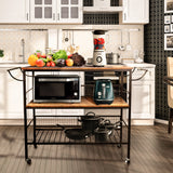 Cheflaud 3-Tier Rolling Kitchen Microwave Island Stand Heavy Duty Storage Shelf Bakers Rack Trolley Cabinet Utility with Iron Frame handle 10 Hooks,Brown