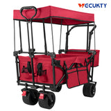 Collapsible Garden Wagon Cart with Removable Canopy, Keenstone Foldable Wagon Utility Carts with Wheels and Rear Storage, Wagon Cart for Garden Camping Grocery Shopping Cart, Red