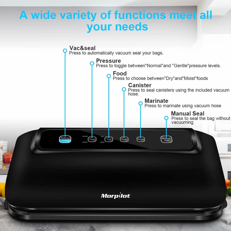 Morpilot Vacuum Sealer with Built-in Roll Storage & Cutter, Automatic Food Saver Vacuum Sealer Machine, Starter Bags, Hose, Dry & Moist Food Modes, LED Indicator Lights, FDA Compliant