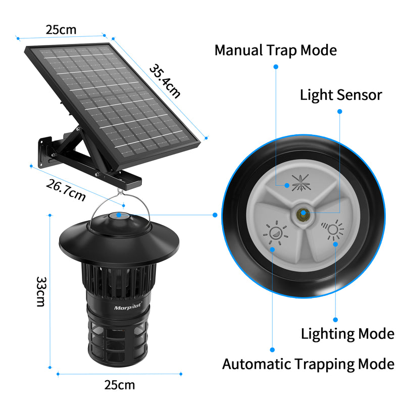Solar Powered Insect Mosquito and Fly Trap, 30W Solar Panel, 5000mAh, Battery Light Sensor, from Dusk to dawn for Yard, Garden, Street, Basketball Court