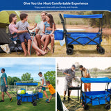 Collapsible Garden Wagon Cart with Removable Canopy, Keenstone Foldable Wagon Utility Carts with Wheels and Rear Storage, Wagon Cart for Garden Camping Grocery Shopping Cart,Blue